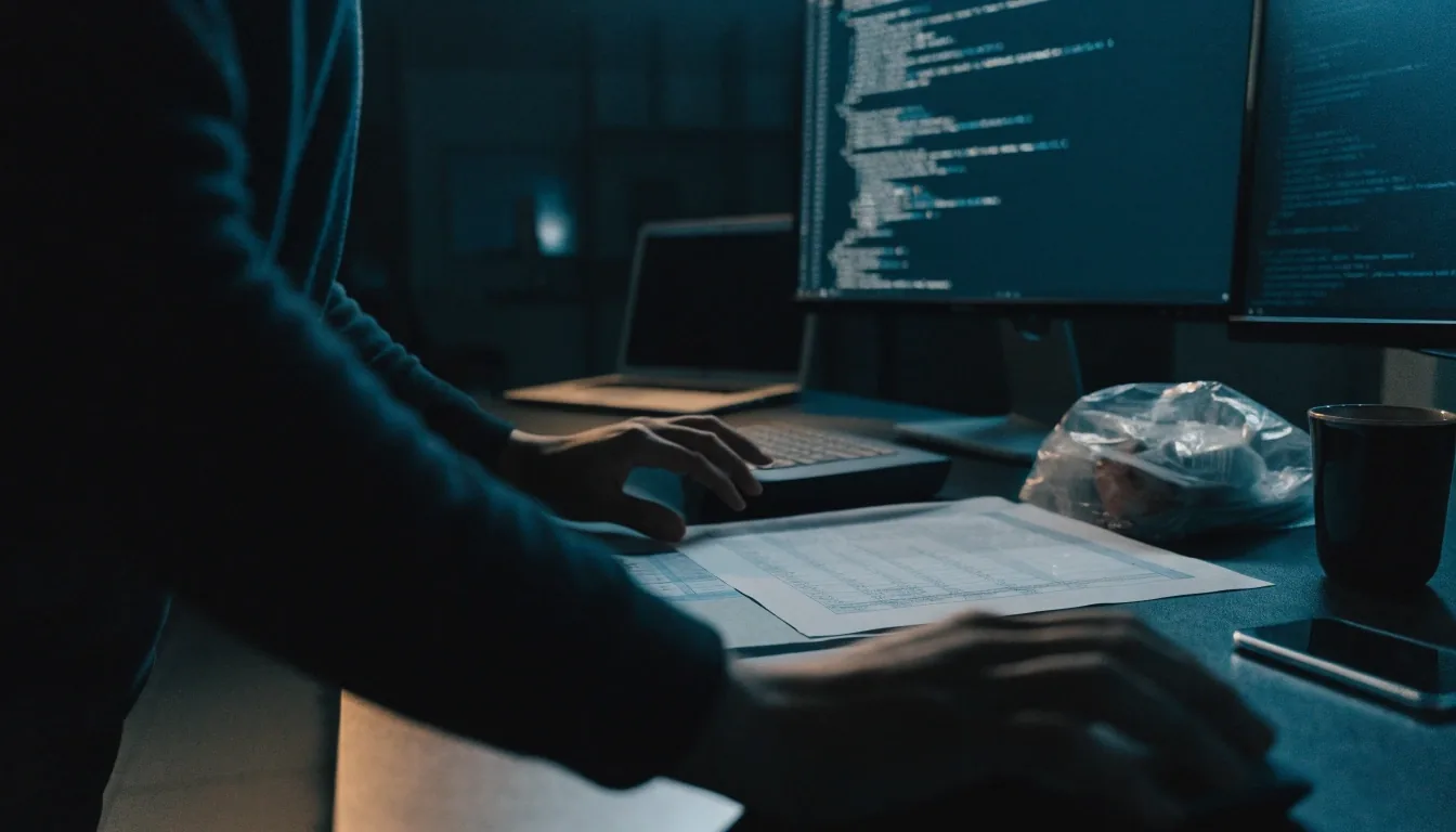A dim studio desk at night, hands at a keyboard with the screen turned away