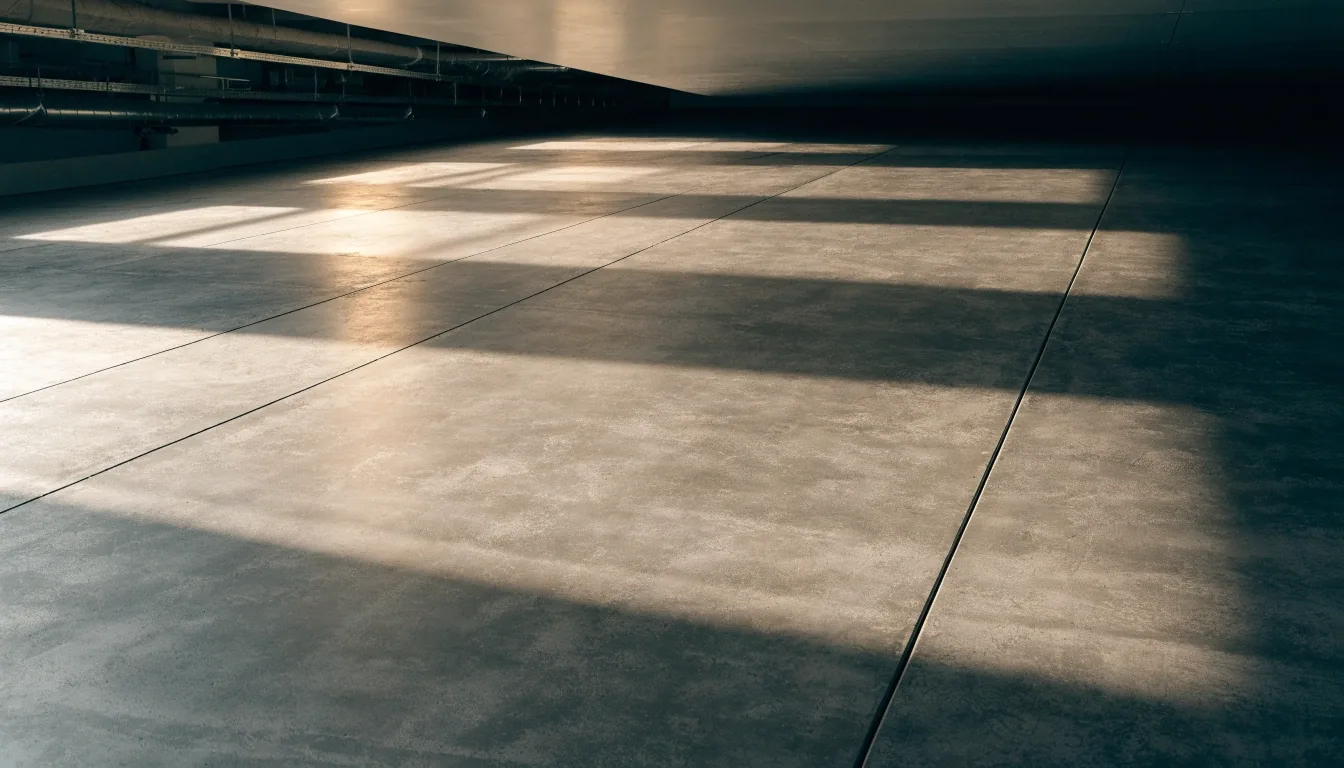 Cool morning light falling across an empty studio workspace floor