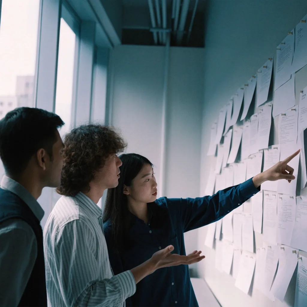 Colleagues reviewing pinned blank paper on a wall in a bright office