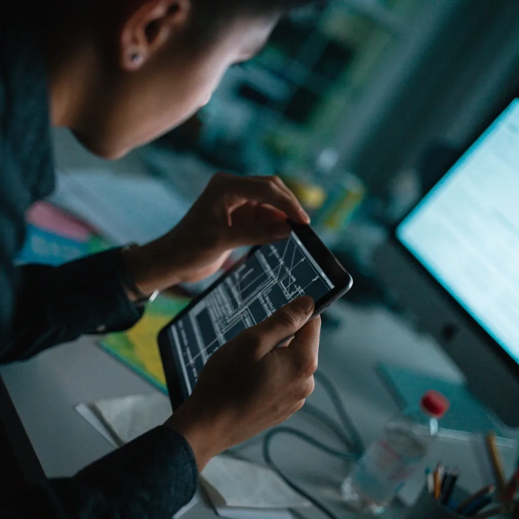 Designer working at a desk in a dim studio, screen angled away from the camera