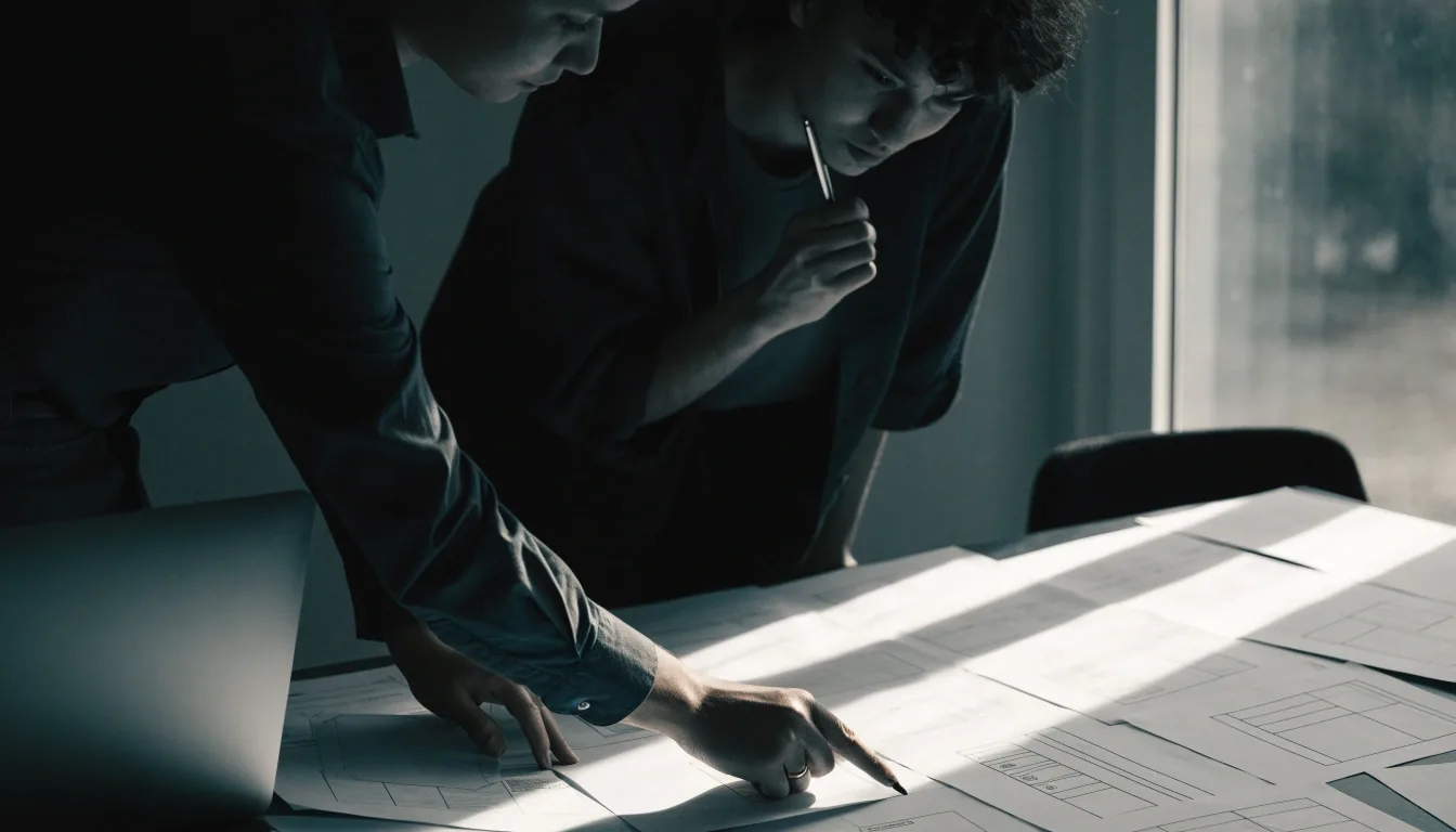 Two colleagues reviewing blank wireframe sheets on a studio table under cool daylight