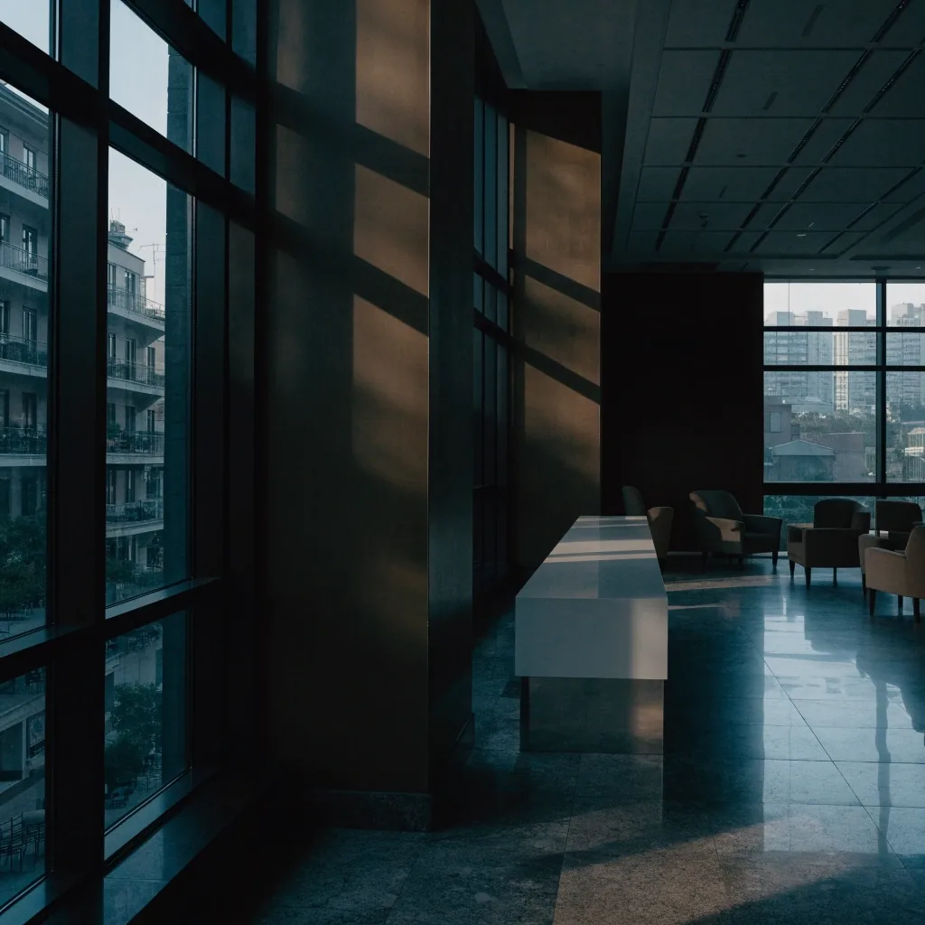 Quiet Singapore hotel lobby before guests arrive, cool daylight across a polished floor