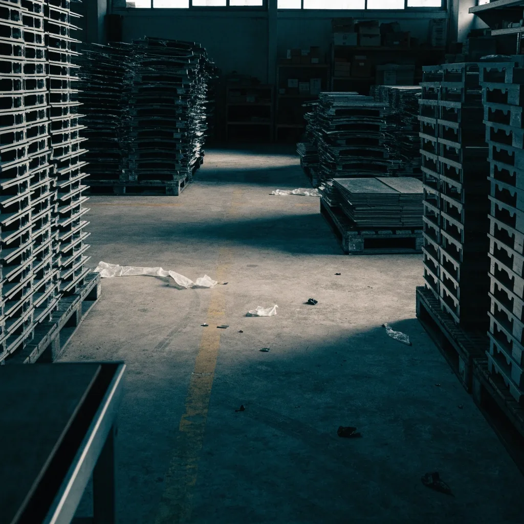 Singapore light industrial workshop floor before the shift, cool overhead light on concrete