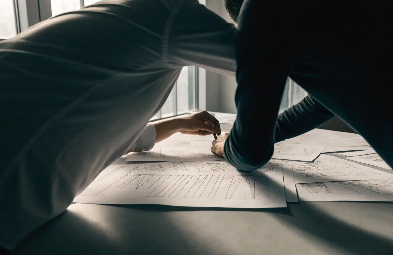 Two people reviewing printed layout sheets at a shared studio table in cool daylight
