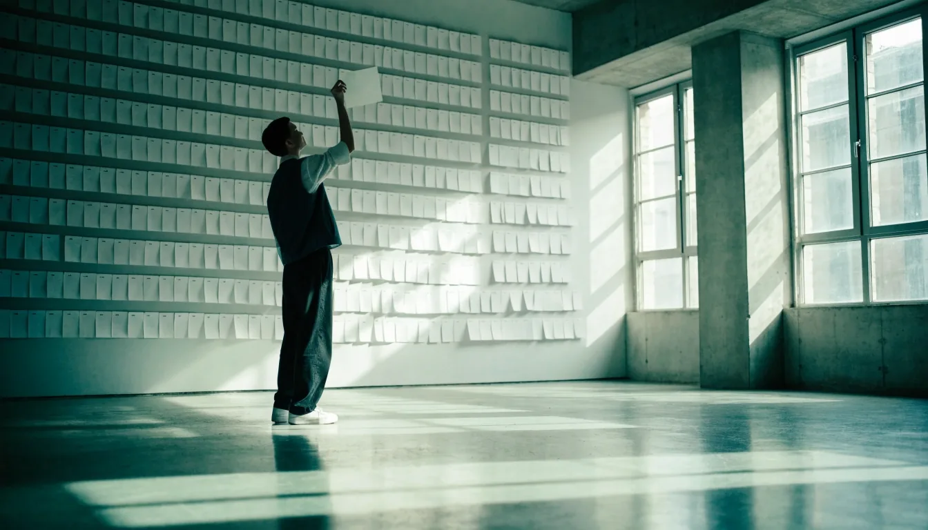 A planning wall of blank index cards pinned in columns while a hand places another card