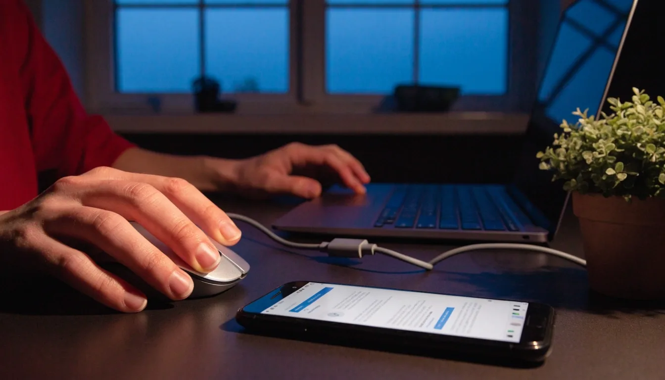 A developer's hands at a keyboard beside two monitors glowing softly in a dim office at dusk