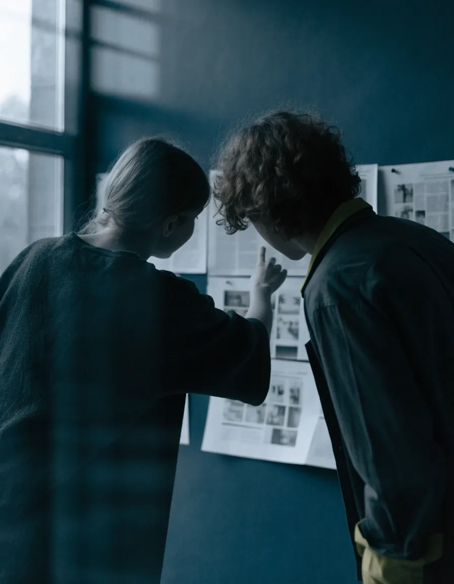Two designers reviewing printed layout sheets pinned to a studio wall under cool window light